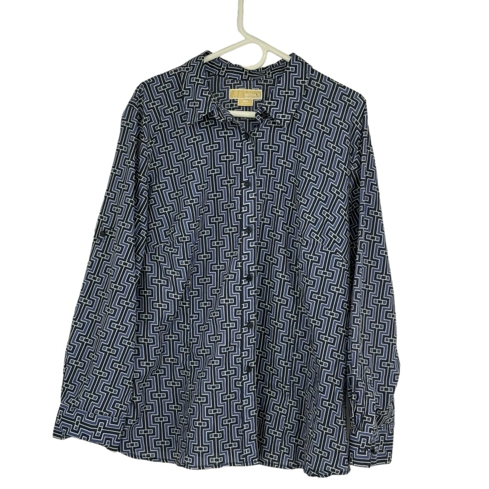 *Michael Michael Kors Size 18W Blues/White Geometric Cotton Blouse w Tab Sleeves